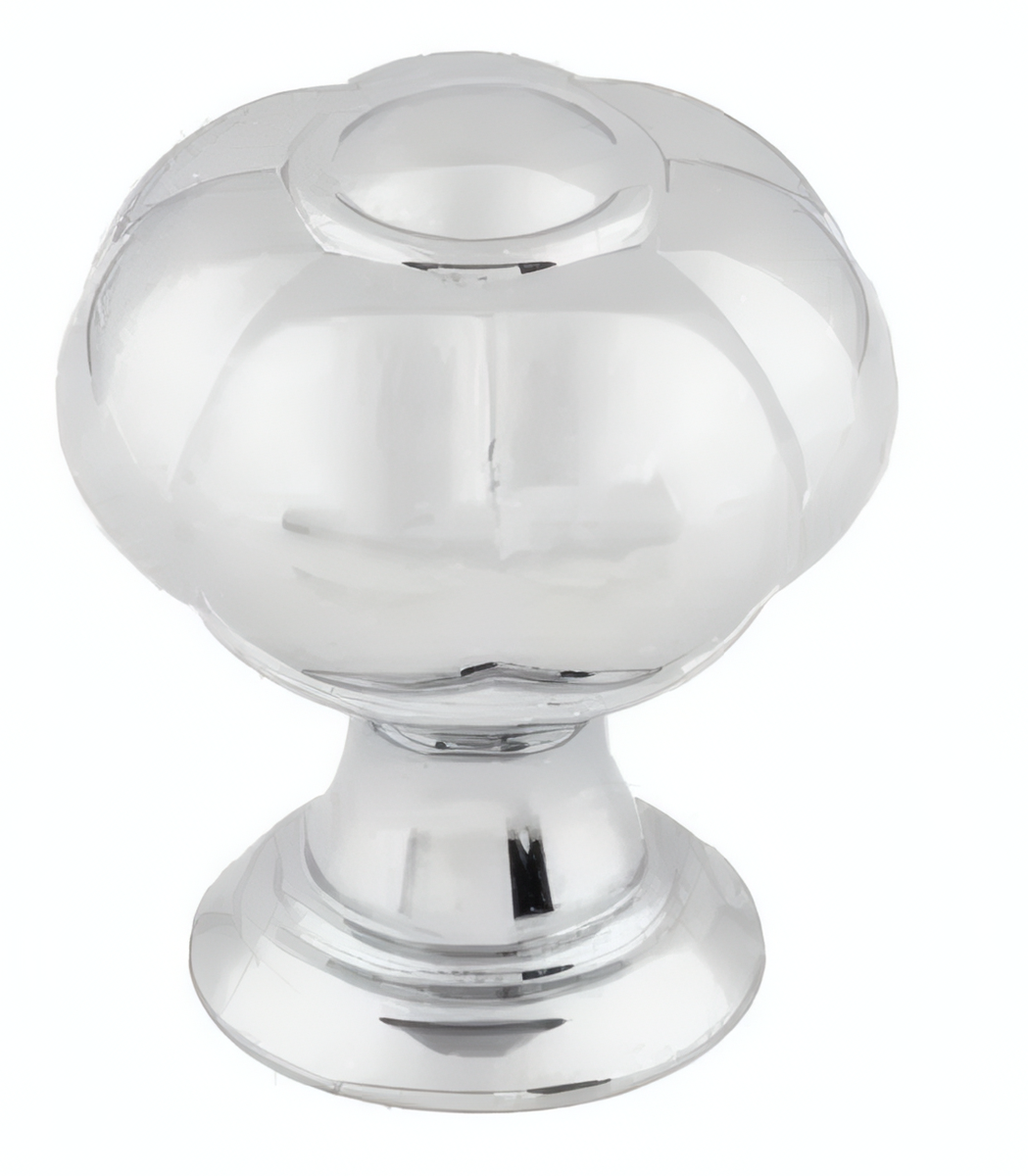 A polished chrome cabinet knob with a rounded, ribbed top and a flared base, shown on a plain white background.