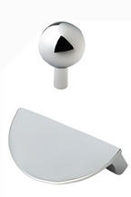 A polished chrome bathroom accessory set featuring a round spherical knob and a matching semi-circular lever or trim piece, shown against a plain white background.