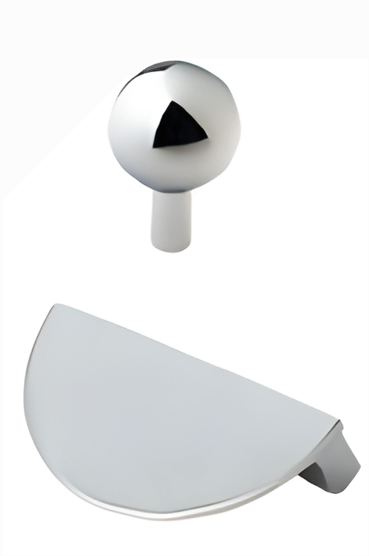 A polished chrome bathroom accessory set featuring a round spherical knob and a matching semi-circular lever or trim piece, shown against a plain white background.