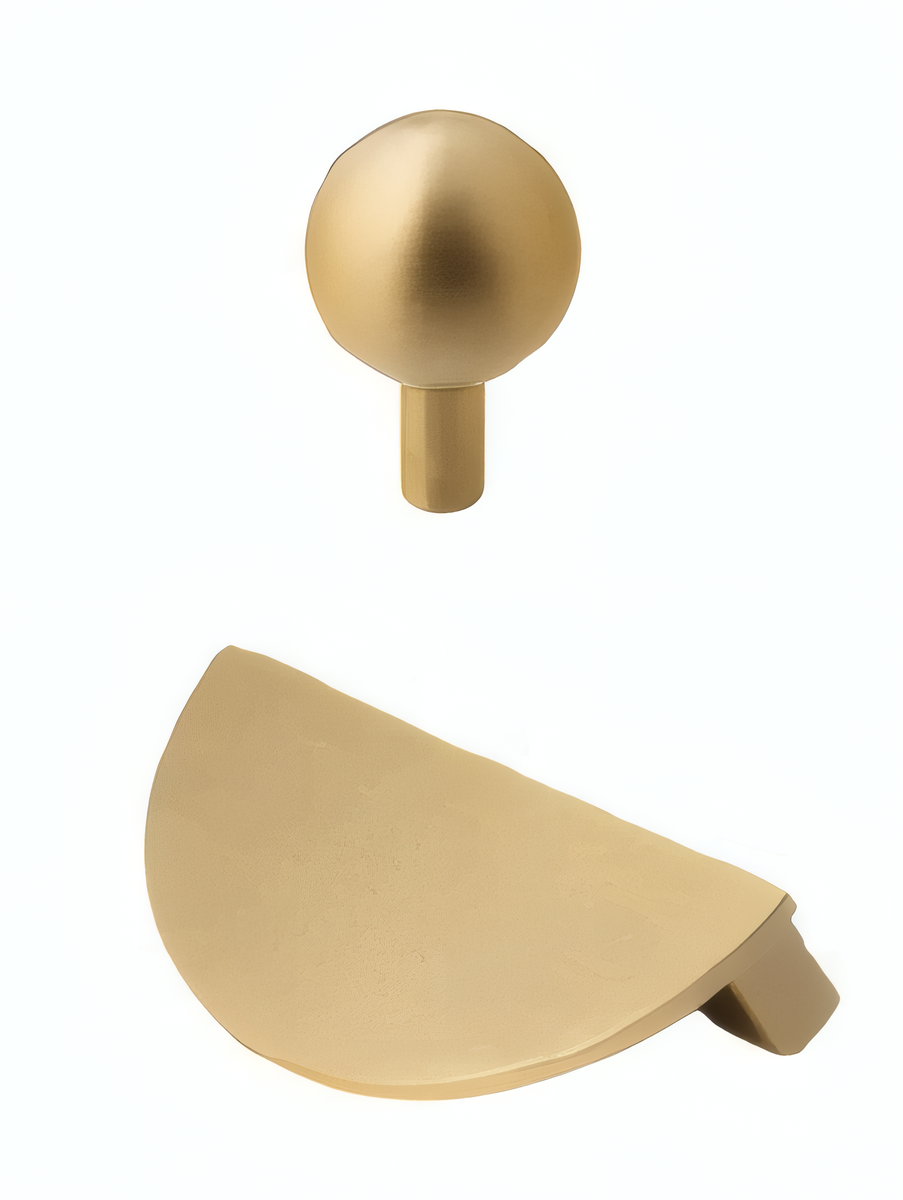 A gold-finished cabinet knob and matching pull tab shown on a plain white background.